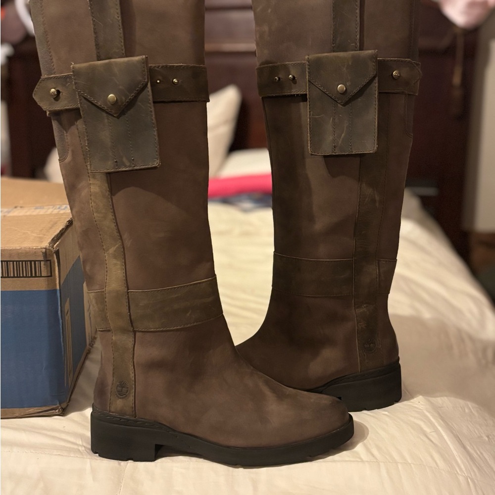 Timberland Graceyn Brown Tall Pull-On Waterproof Leather Boots w/Belt & Pocket • - Picture 6 of 17